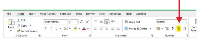 increase decimal button excel